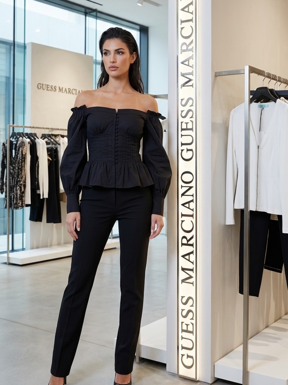 Guess by Marciano Black Off-Shoulder Peplum Top and Slim Trousers